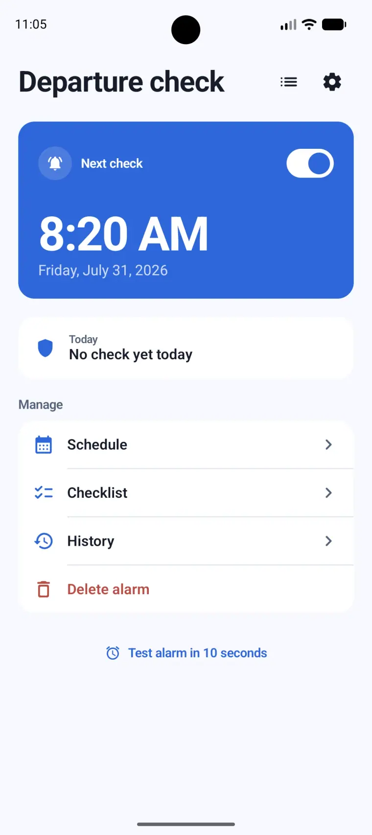 CheckAlarm Android home screen with the next check, schedule, checklist, and history