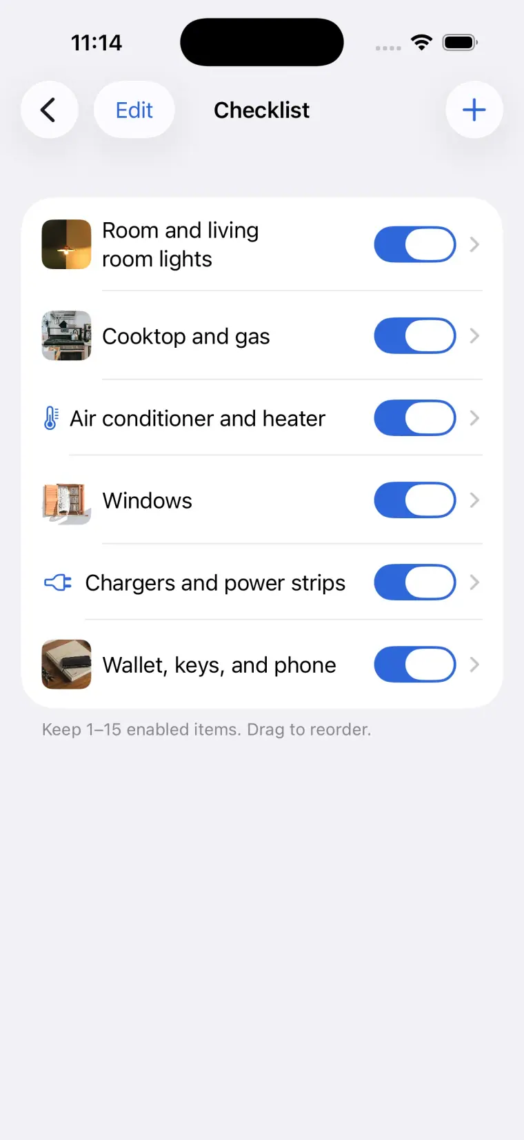 CheckAlarm iOS checklist editor with photos and checklist items