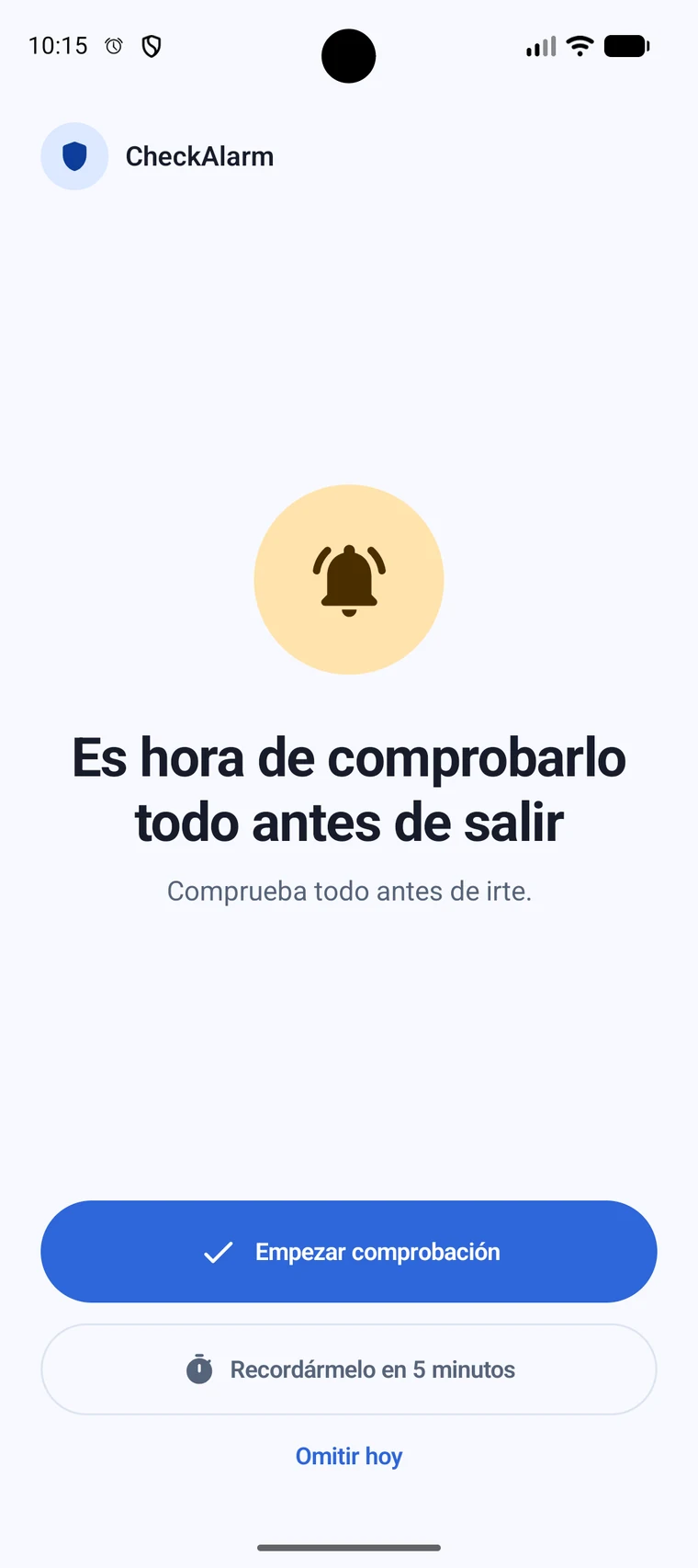 Alarma para salir de CheckAlarm en Android con opciones para empezar, recibir otro aviso u omitir hoy