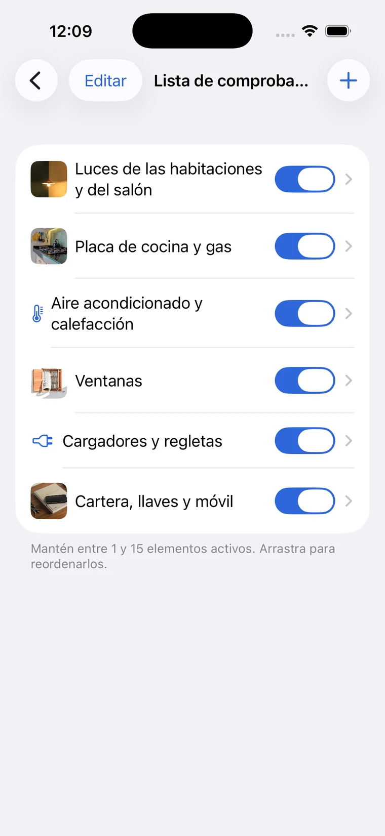 Editor de la lista de comprobación de CheckAlarm en iOS con fotos y elementos