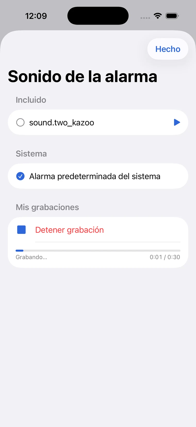 Pantalla de CheckAlarm en iOS grabando un sonido de alarma personalizado