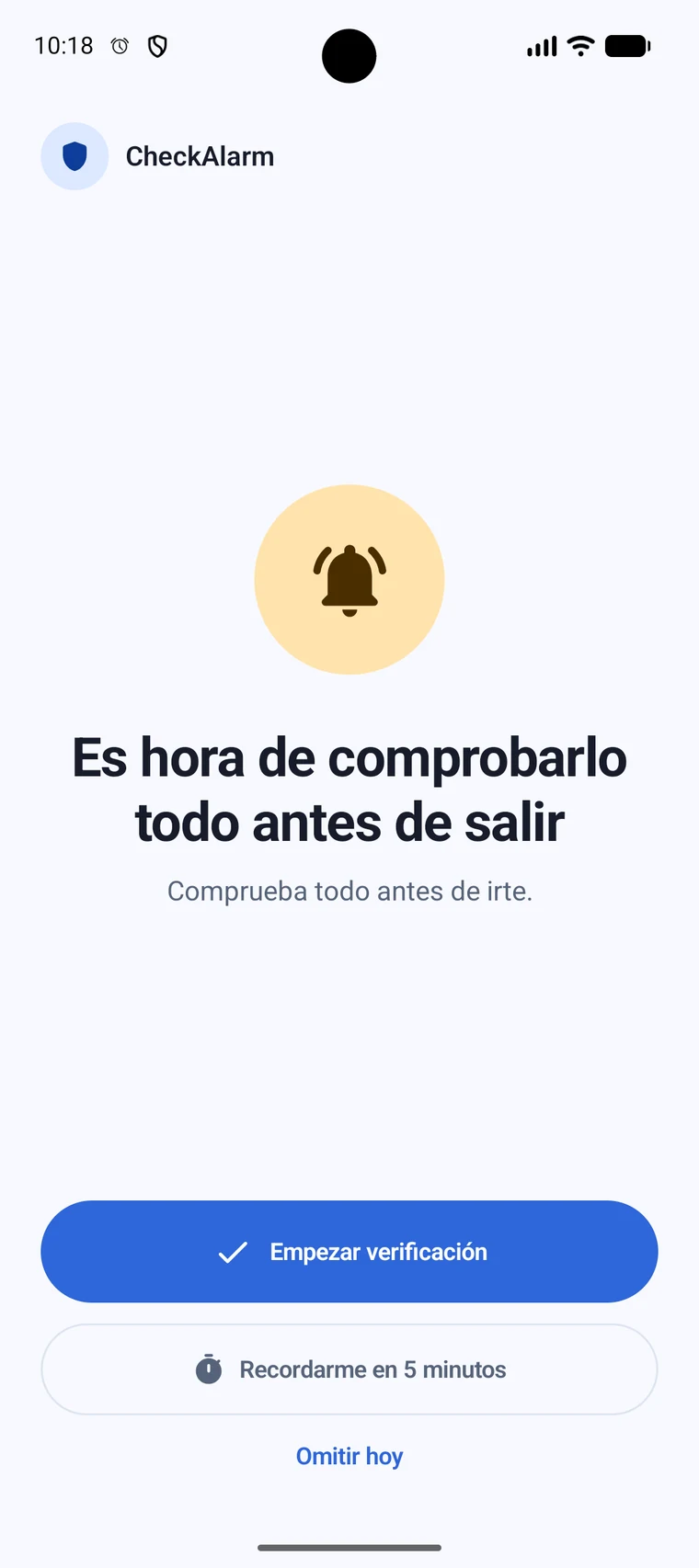 Alarma para salir de CheckAlarm en Android con opciones para comenzar, recibir otro aviso u omitir por hoy