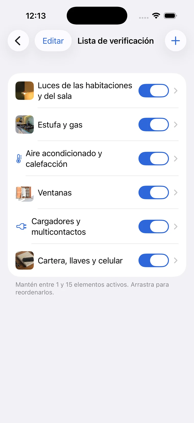 Editor de la lista de verificación de CheckAlarm en iOS con fotos y elementos