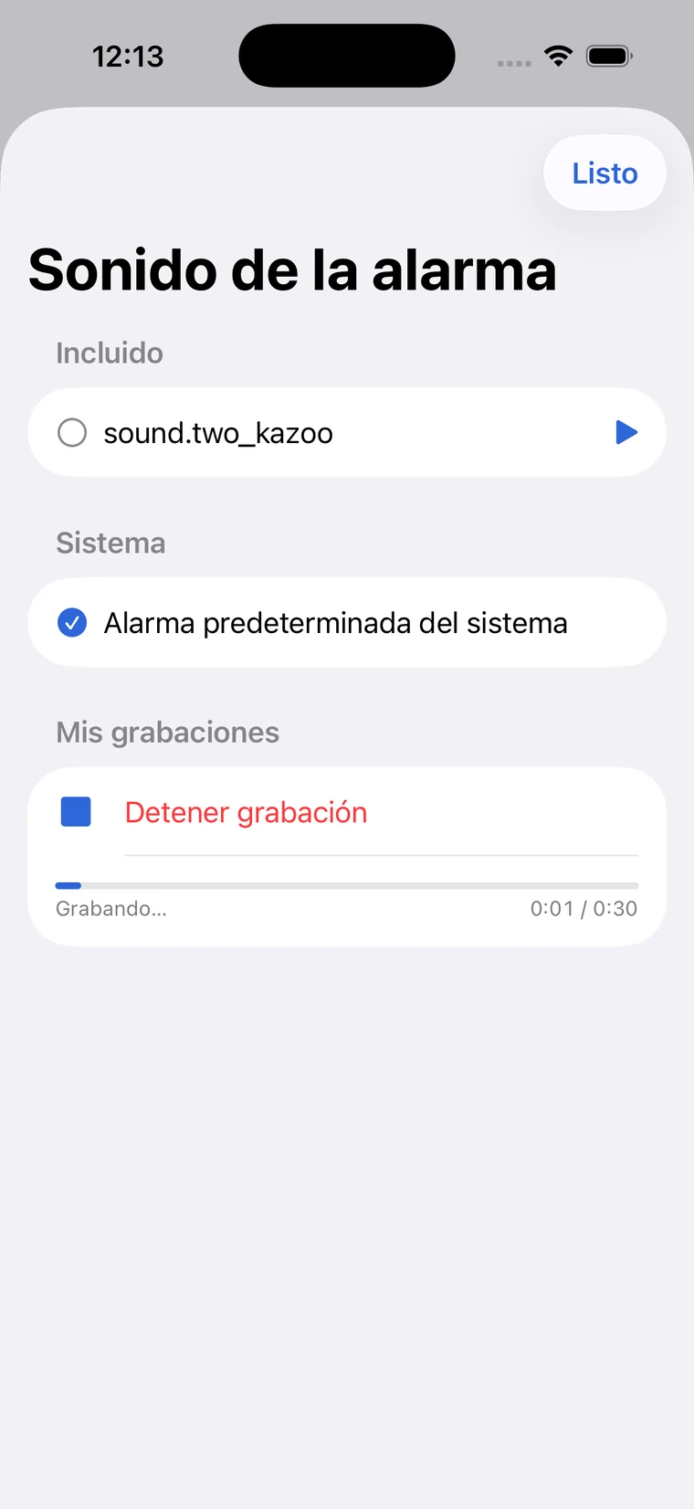 Pantalla de CheckAlarm en iOS grabando un sonido de alarma personalizado