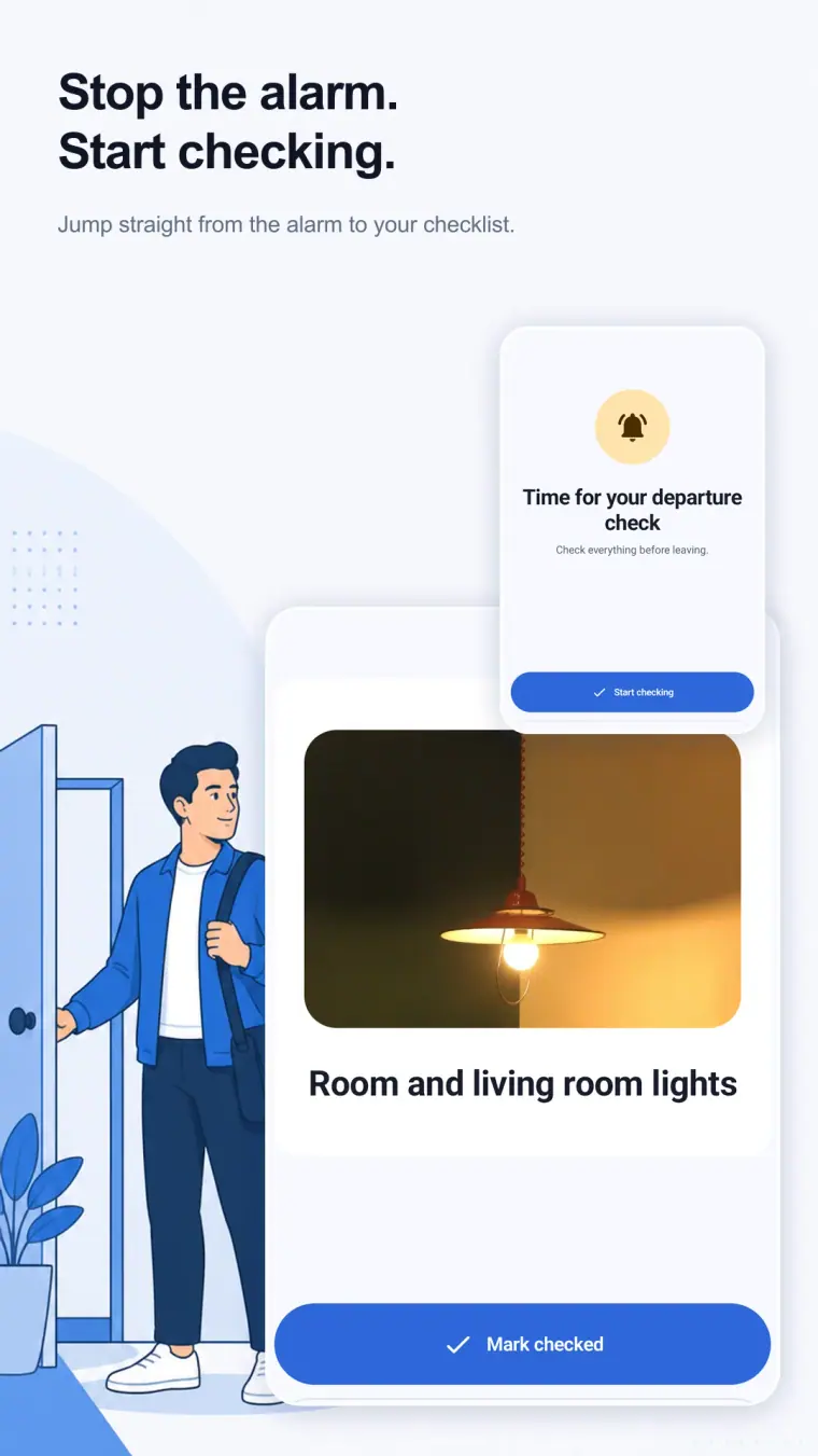 CheckAlarm on Android showing an alarm leading into a departure checklist