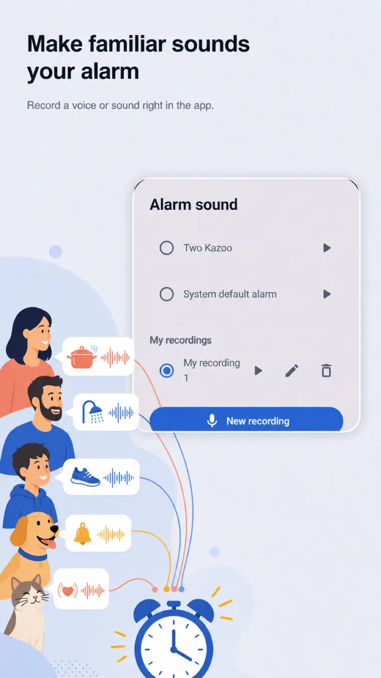 CheckAlarm on Android showing familiar sound choices and a new recording button