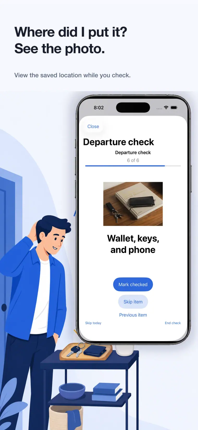 CheckAlarm on iOS showing a saved photo of a wallet and keys during a check