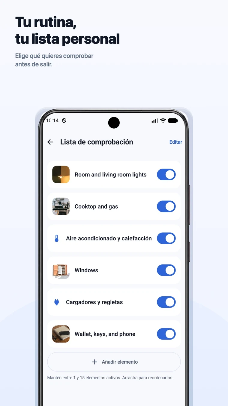 CheckAlarm en Android con una lista personalizable para la comprobación antes de salir
