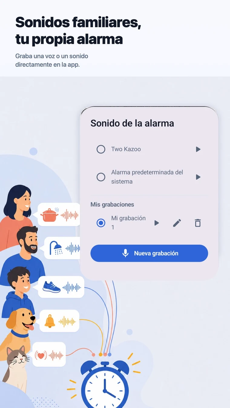 CheckAlarm en Android con sonidos cotidianos y el botón Nueva grabación