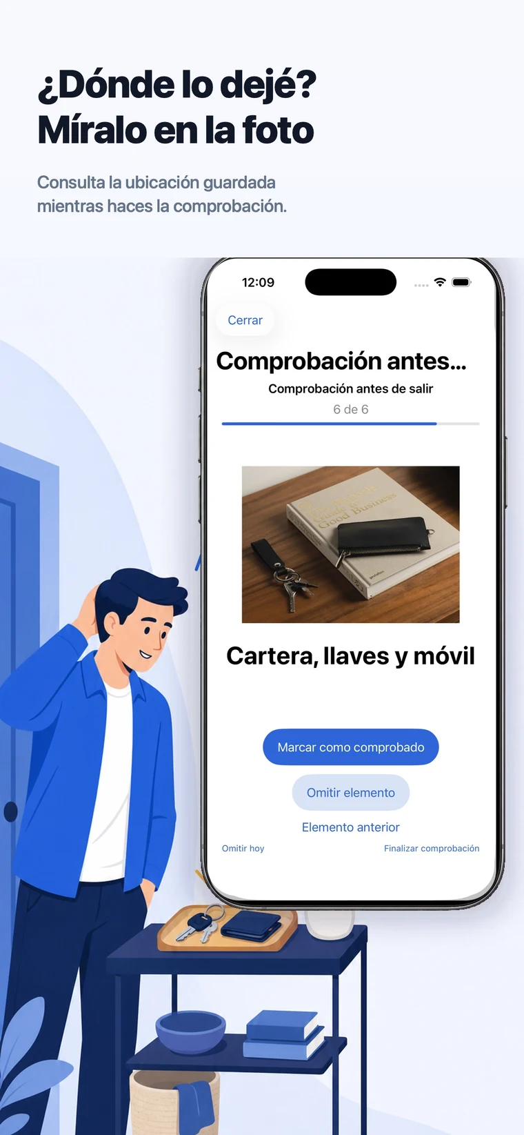 CheckAlarm en iOS mostrando la foto guardada de una cartera y unas llaves durante la comprobación