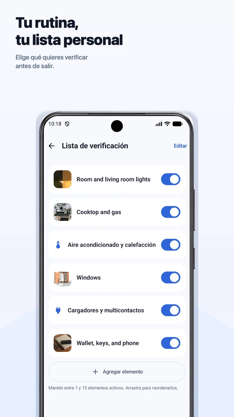 CheckAlarm en Android con una lista personalizable para la verificación antes de salir