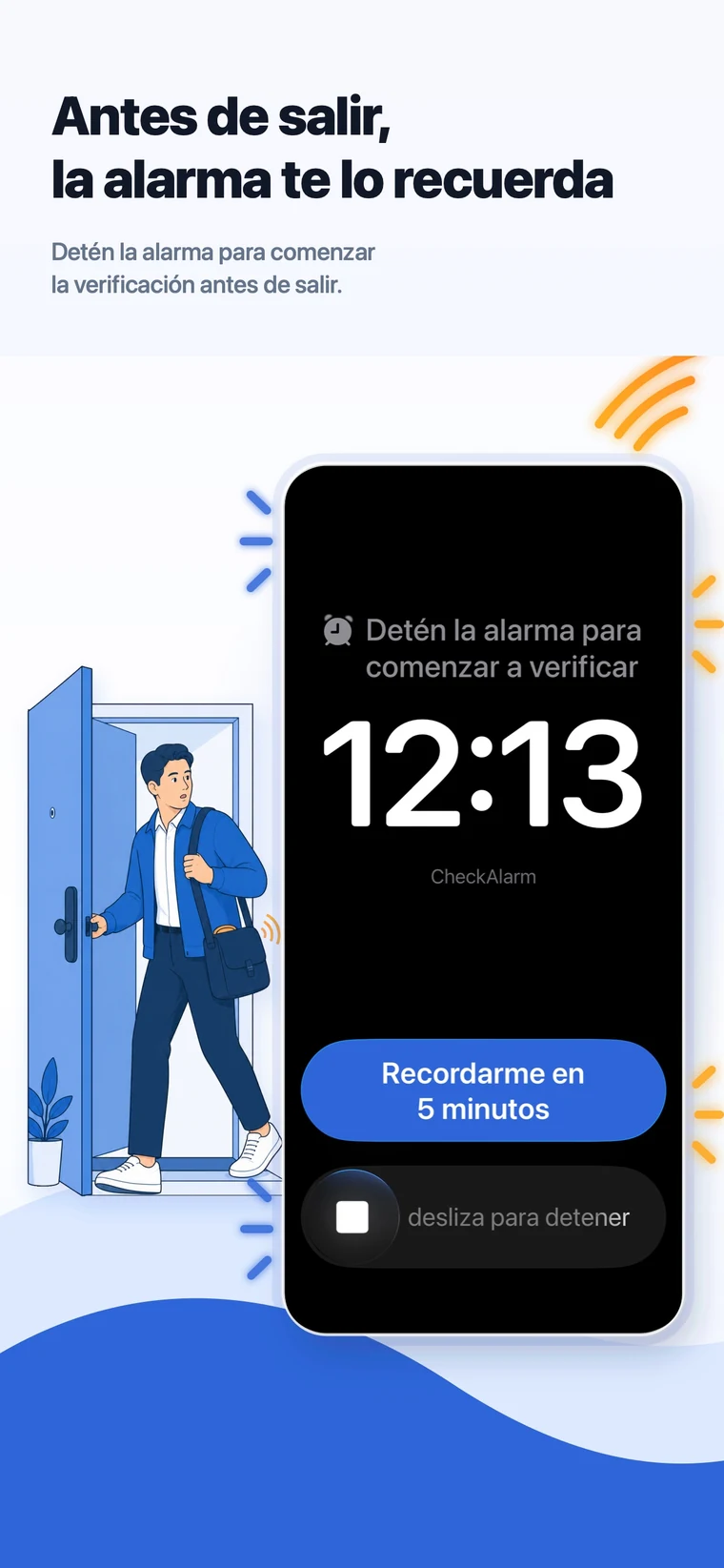 CheckAlarm en iOS con una alarma para salir, un elemento de la lista y opciones de sonido