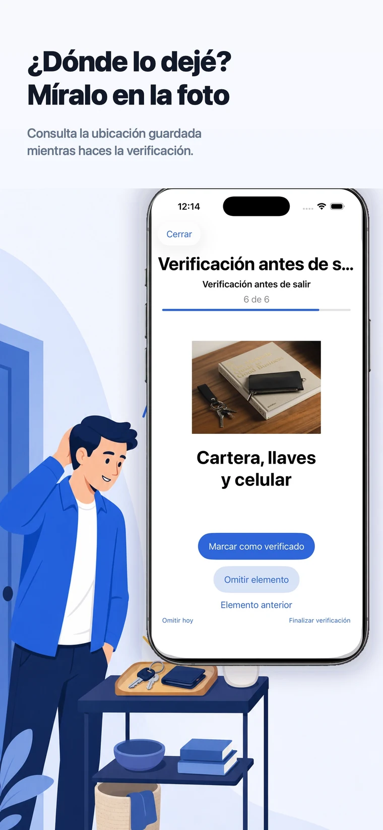 CheckAlarm en iOS mostrando la foto guardada de una billetera y unas llaves durante la verificación
