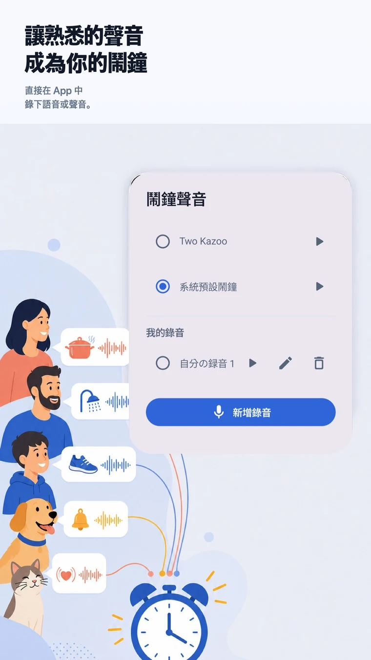 Android 版 CheckAlarm 顯示日常聲音與新增錄音按鈕