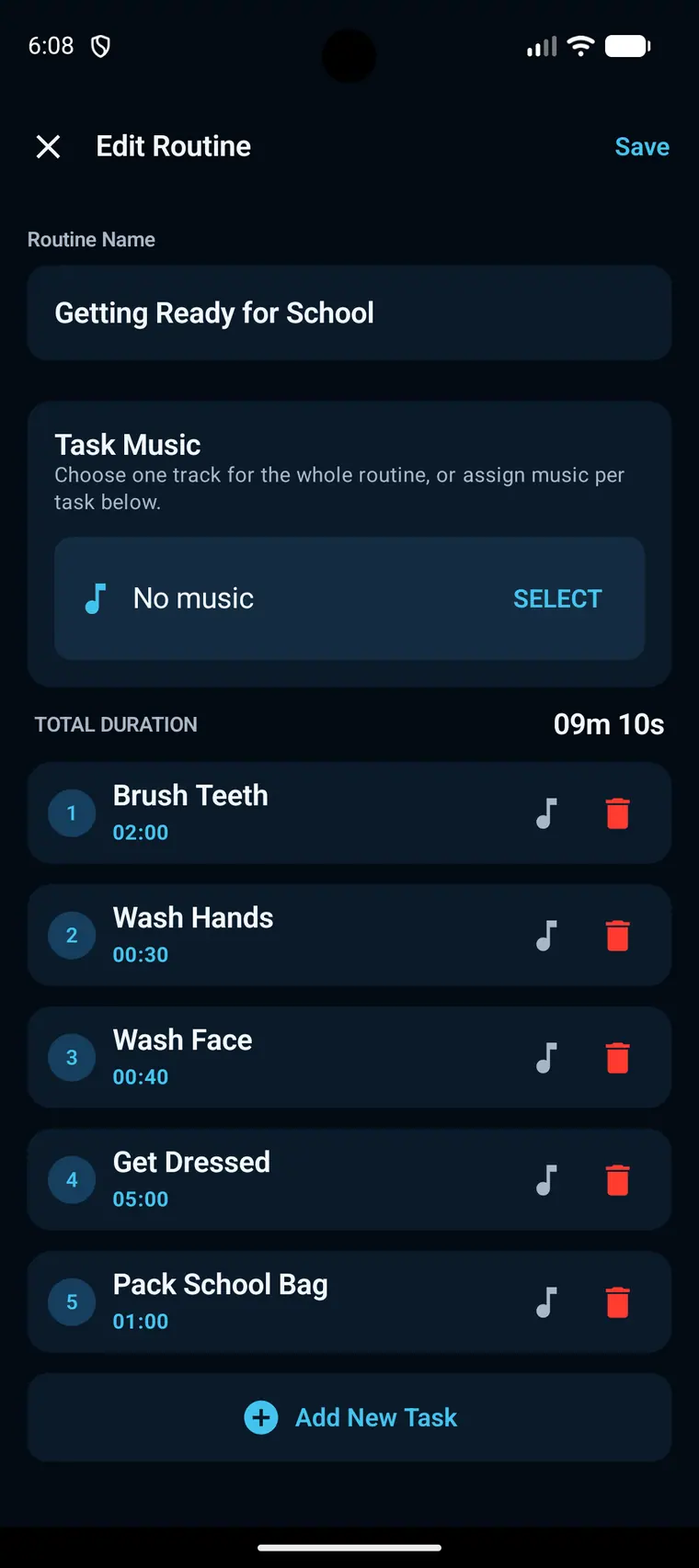 Editing a routine and its tasks in Morning Rush on Android