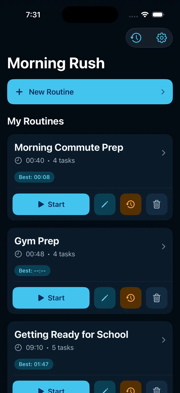 Morning Rush routine list on iOS