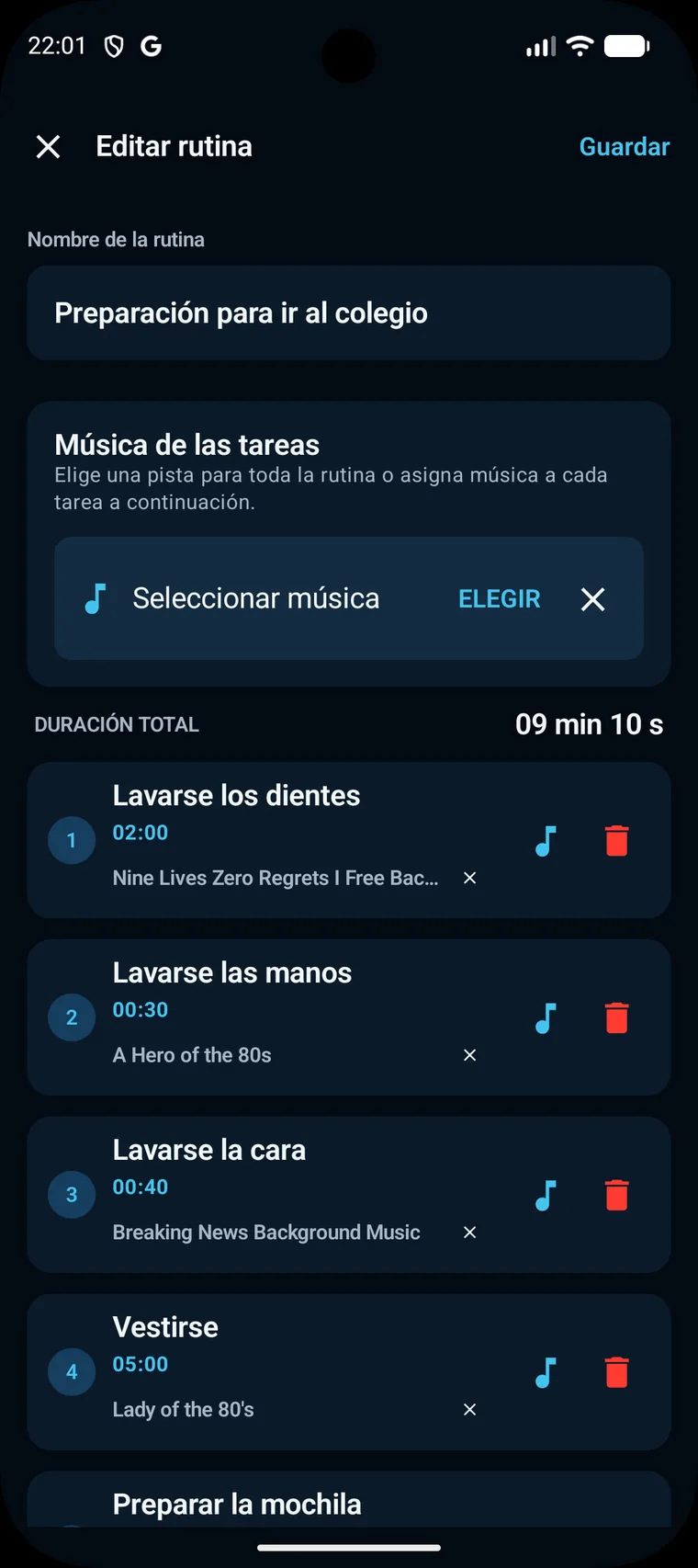 Edición de una rutina y sus tareas en Morning Rush para Android