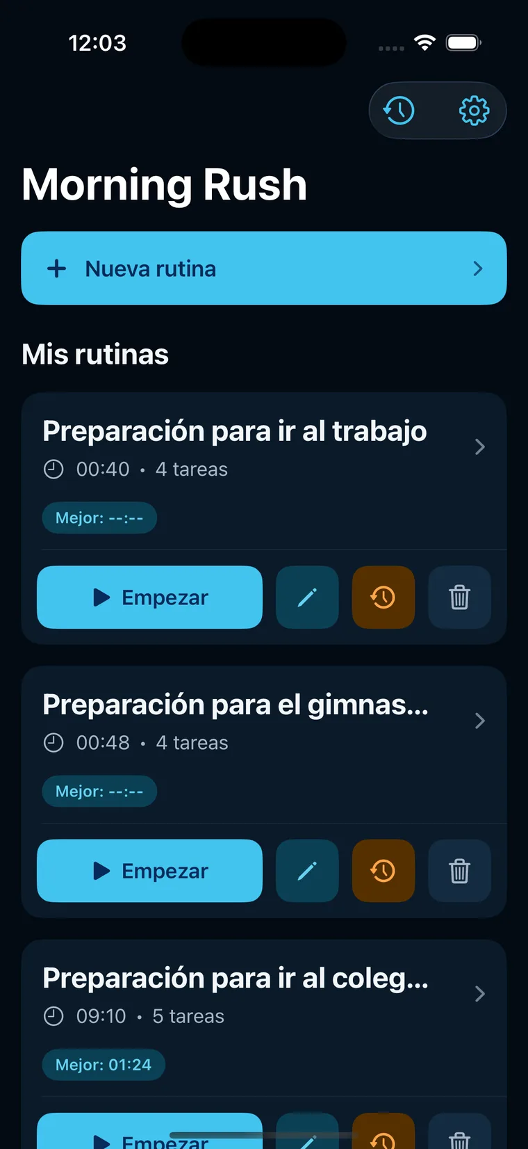 Lista de rutinas de Morning Rush en iOS