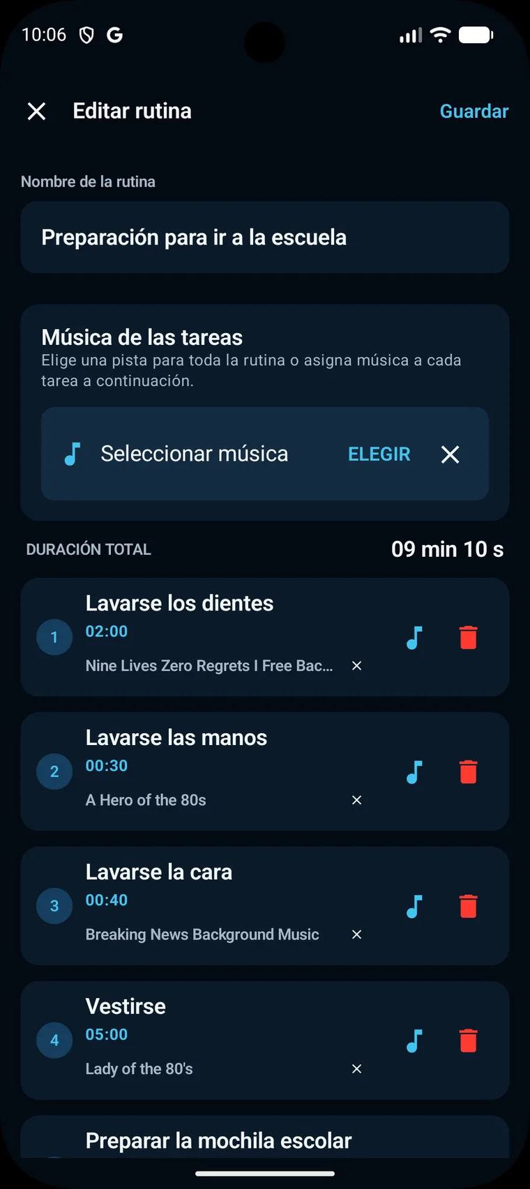 Edición de una rutina y sus tareas en Morning Rush para Android