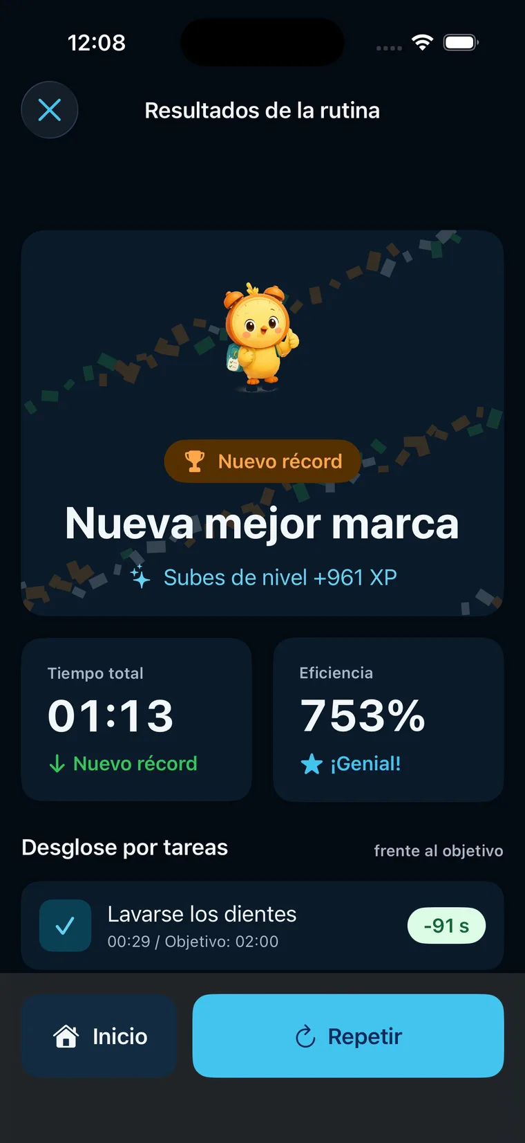 Resultados de la rutina en Morning Rush para iOS