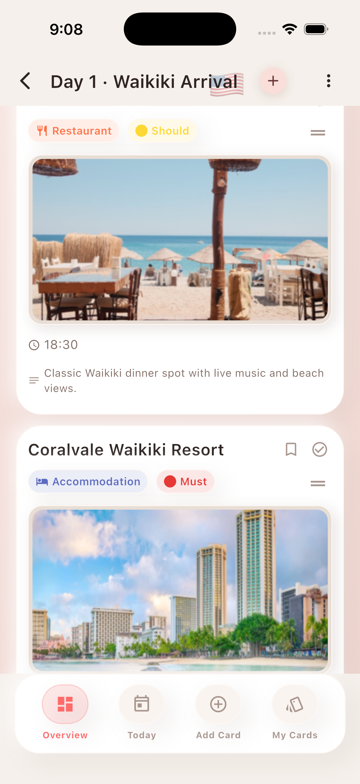 Itinerary daily timeline and checklists screen